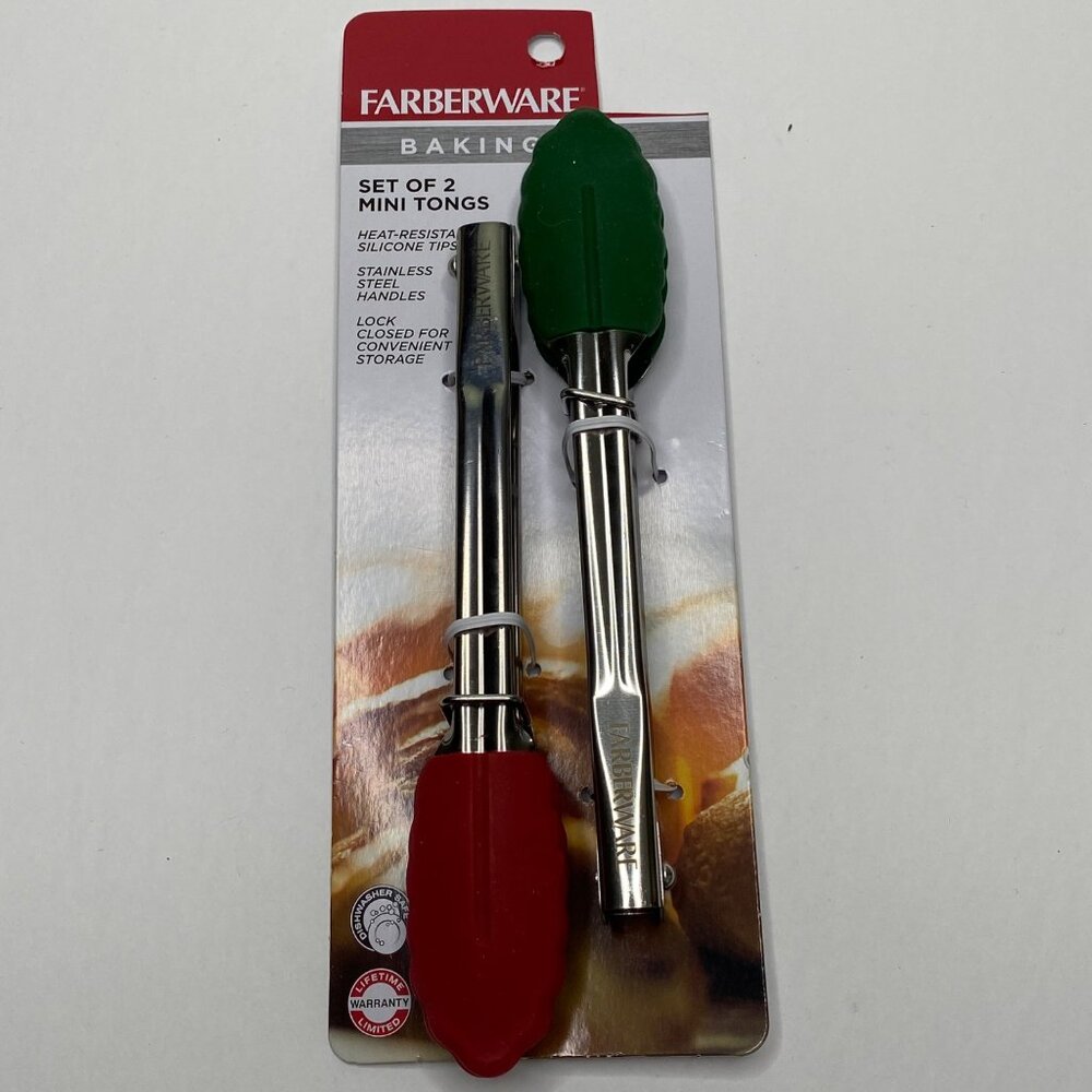 Farberware Baking Mini Tongs Red Green Silicone Tip Stainless Steel Locking
